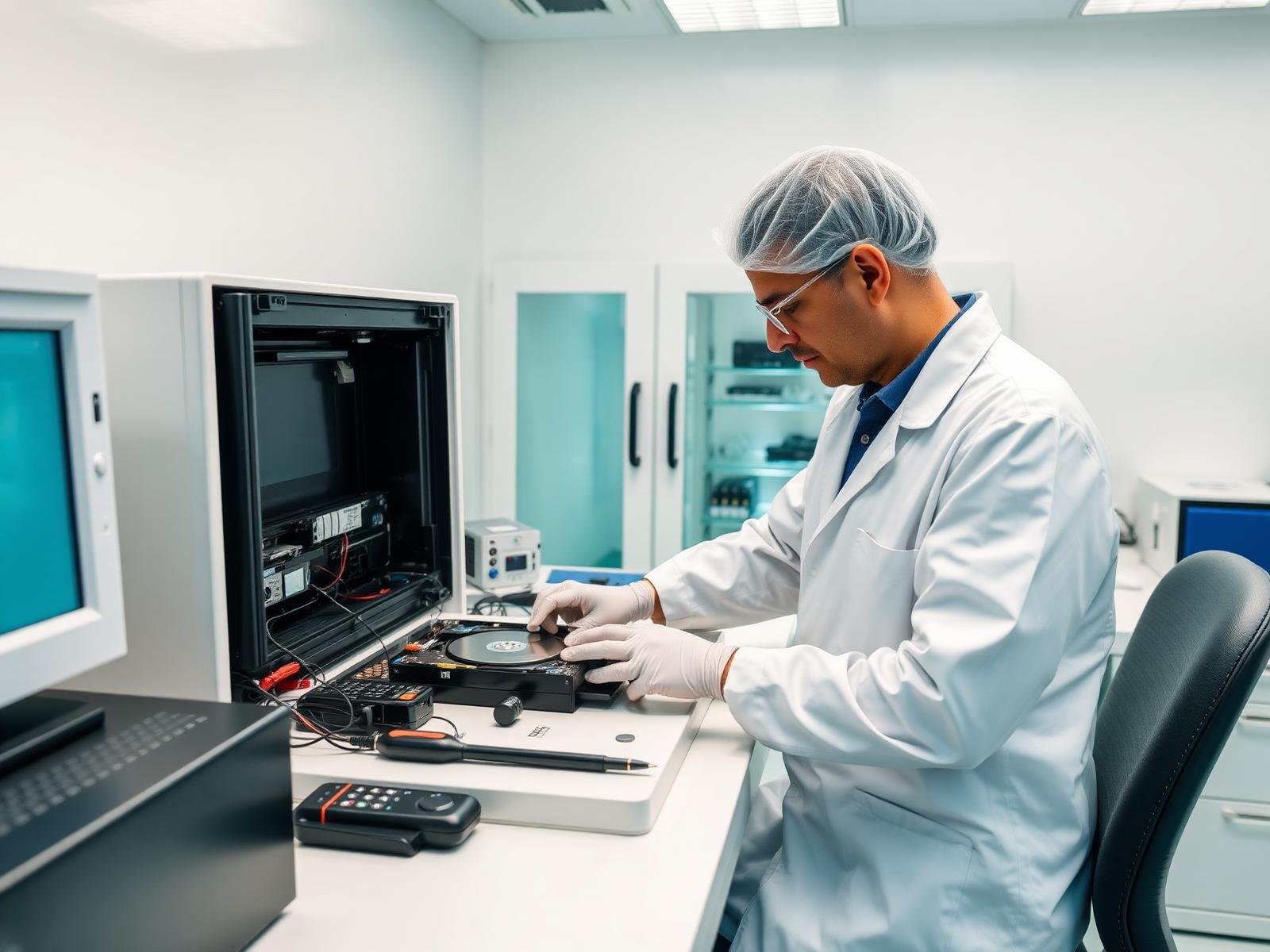Data recovery engineer working on a hard drive in a professional laboratory